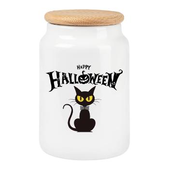 Chat noir chic noeud papillon - Boîte à biscuits avec couvercle en bois - blanc - Devant