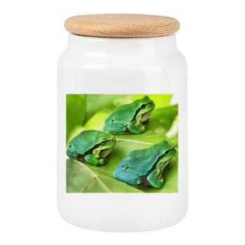 The three green tree frogs - Cookie Jar with Wooden Lid - white - Front