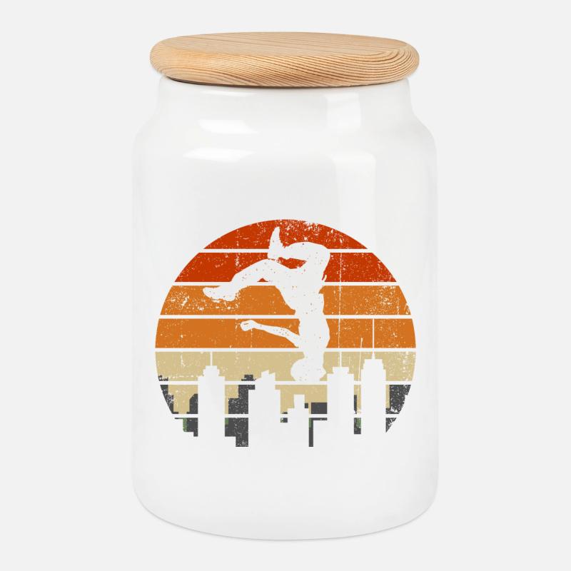 Sunset Acrobat Over City Skyline - Cookie Jar with Wooden Lid - white