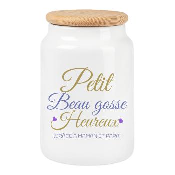 Petit beau gosse heureux grâce à maman et papa - Boîte à biscuits avec couvercle en bois - blanc - Devant