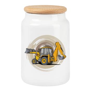 Tractor with loader bucket and excavator attachment - Cookie Jar with Wooden Lid - white - Front