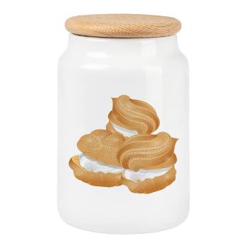 Illustration de trois choux à la crème fourrés - Boîte à biscuits avec couvercle en bois - blanc - Devant
