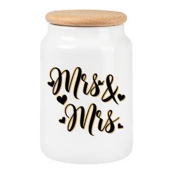 Mrs. and Mrs. in gold script - Cookie Jar with Wooden Lid - white - Front