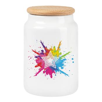 White star and multicolored explosion - Cookie Jar with Wooden Lid - white - Front