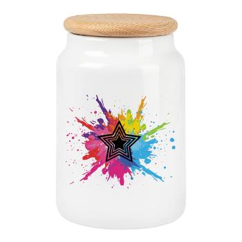 Black star and multicolored explosion - Cookie Jar with Wooden Lid - white - Front