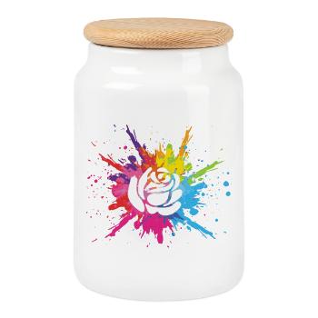White flower and multicolored explosion - Cookie Jar with Wooden Lid - white - Front