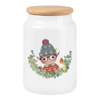 Adorable Cute Christmas Elf with Bird - Cookie Jar with Wooden Lid - white - Front