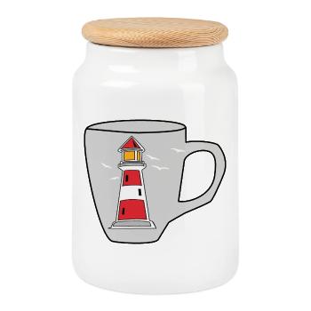 Tasse maritim Leuchtturm Ahoi Signal Nautik Turm - Keksdose mit Holzdeckel - Weiß - Vorne