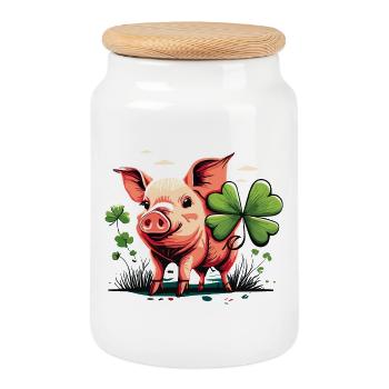 Lucky Pig - Cookie Jar with Wooden Lid - white - Front