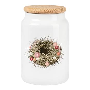 leeres Vogelnest oder Osternest mit Trockenblumen - Keksdose mit Holzdeckel - Weiß - Vorne