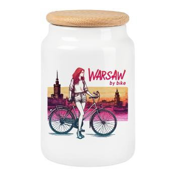 Varsovie Vélo Fille Illustration - Boîte à biscuits avec couvercle en bois - blanc - Devant