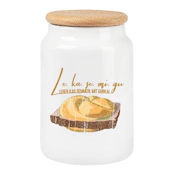 Leberkäs Semmerl with gherkins – dialect - Cookie Jar with Wooden Lid - white - Front
