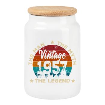 Vintage 1957 Legend Emblem - Cookie Jar with Wooden Lid - white - Front