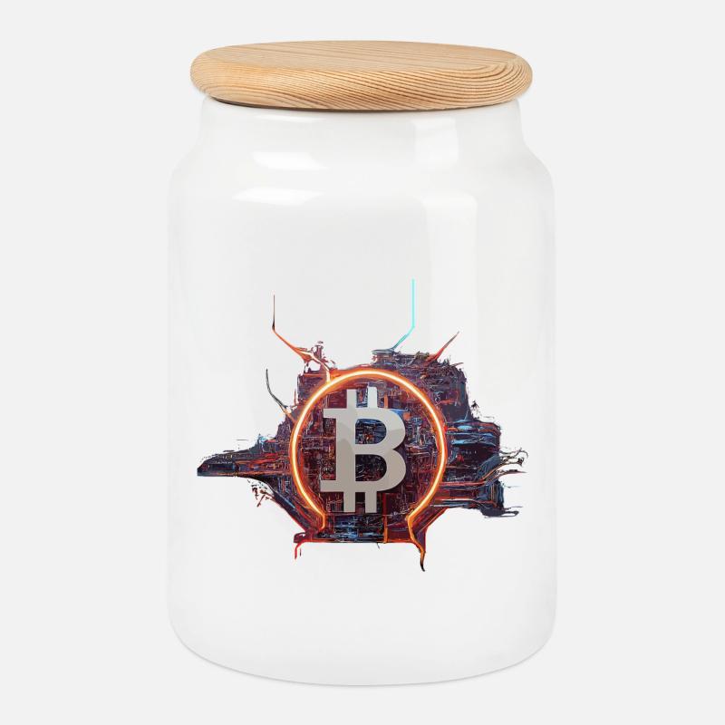 Cyber-Modern Bitcoin Design - Keksdose mit Holzdeckel - Weiß