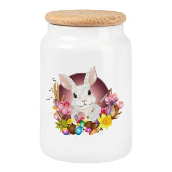 white rabbit with easter eggs as easter bunny - Cookie Jar with Wooden Lid - white - Front