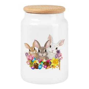 Jolie famille de lapins de Pâques avec des œufs de Pâques colorés - Boîte à biscuits avec couvercle en bois - blanc - Devant