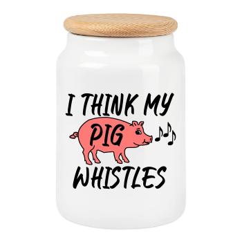 I think my pig whistles - Cookie Jar with Wooden Lid - white - Front
