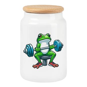 Strong Frog Workout Dumbbell Workout - Cookie Jar with Wooden Lid - white - Front