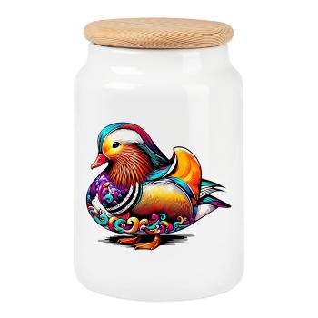 Mandarin duck - Cookie Jar with Wooden Lid - white - Front