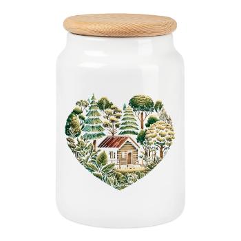 living close to nature with a tiny house in the forest - Cookie Jar with Wooden Lid - white - Front
