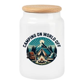 Camping sur le monde - Boîte à biscuits avec couvercle en bois - blanc - Devant