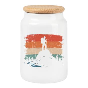 Hiker on Peak Sunset - Cookie Jar with Wooden Lid - white - Front