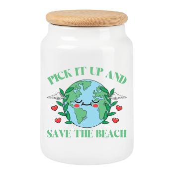 Baignade sur la plage et la mer sans plastique contre la pollution - Boîte à biscuits avec couvercle en bois - blanc - Devant