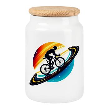 Radfahrer auf dem Saturn - Keksdose mit Holzdeckel - Weiß - Vorne