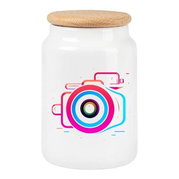 Kamera Synthwave Stil - Keksdose mit Holzdeckel - Weiß - Vorne