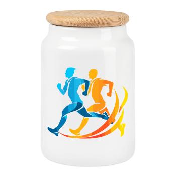 Look de bande dessinée de jogging - Boîte à biscuits avec couvercle en bois - blanc - Devant