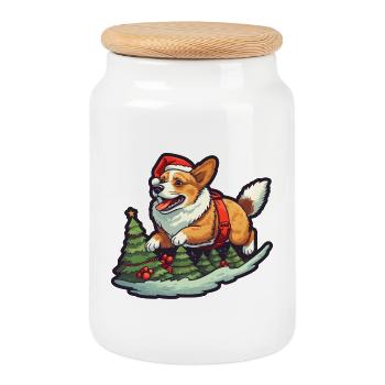 Noël Joyeux Corgi dans la forêt de pins - Boîte à biscuits avec couvercle en bois - blanc - Devant