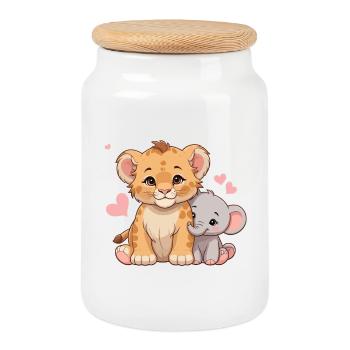 Bébé lion et bébé éléphant – Motif de l’amitié douce - Boîte à biscuits avec couvercle en bois - blanc - Devant
