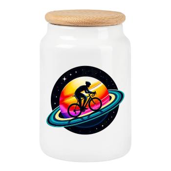 Radfahrer auf dem Saturn - Keksdose mit Holzdeckel - Weiß - Vorne