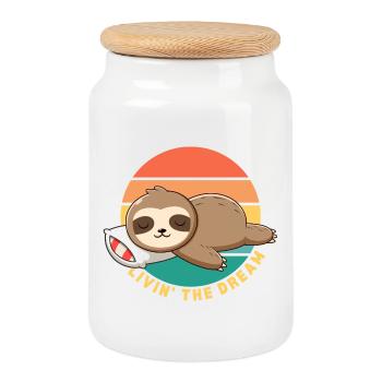 Funny Happy Lazy Sleeping Sloth Livin' the Dream - Cookie Jar with Wooden Lid - white - Front