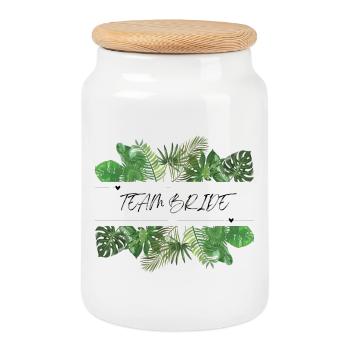 Team Bride Green Palm Leaves - Cookie Jar with Wooden Lid - white - Front