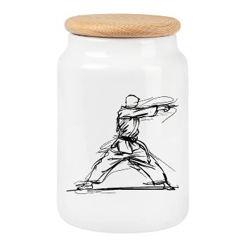 Karateka One Line Drawing - Cookie Jar with Wooden Lid - white - Front