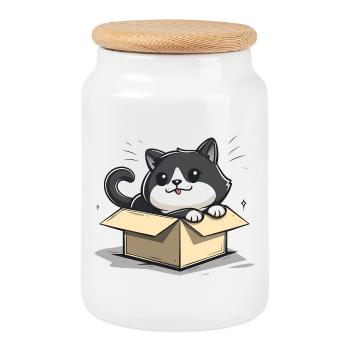 Happy Cat Sitting Inside an Empty Cardboard Box - Cookie Jar with Wooden Lid - white - Front