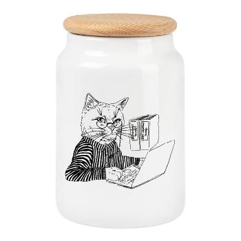 OFFICE KITTY - Cookie Jar with Wooden Lid - white - Front
