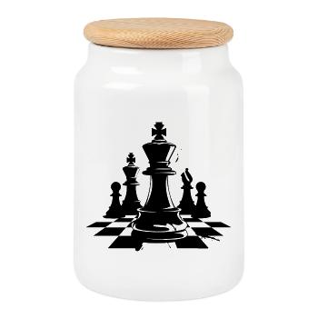 Chess Pieces Graphics - Cookie Jar with Wooden Lid - white - Front