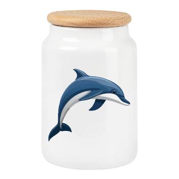 Dolphin jumping blue and white - Cookie Jar with Wooden Lid - white - Front