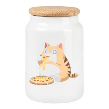 Cute Chubby Cat Eating Pizza - Cookie Jar with Wooden Lid - white - Front