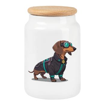 Cyberpunk Dog in Tech Suit - Cookie Jar with Wooden Lid - white - Front