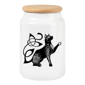 Chat noir celte - Boîte à biscuits avec couvercle en bois - blanc - Devant
