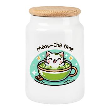 Meow-Cha Time – Kawaii Cats Matcha Gift - Cookie Jar with Wooden Lid - white - Front