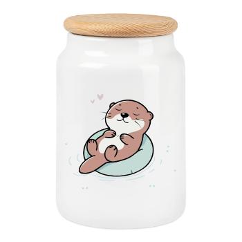 Relaxed Otter – Cute Animal Illustration - Cookie Jar with Wooden Lid - white - Front