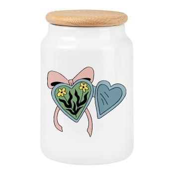 Flower medallion with heart ribbon - Cookie Jar with Wooden Lid - white - Front