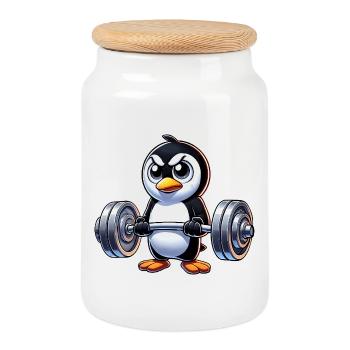 Entraînement fort Penguin Haltère Musculation - Boîte à biscuits avec couvercle en bois - blanc - Devant