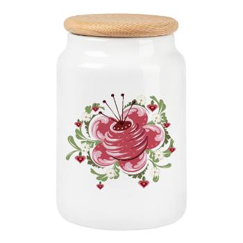Rose and daisies – inspired by peasant painting - Cookie Jar with Wooden Lid - white - Front