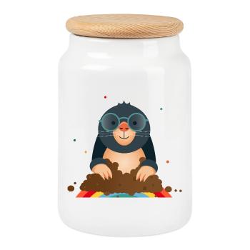 Sympathetic mole with glasses–Great animal motif - Cookie Jar with Wooden Lid - white - Front