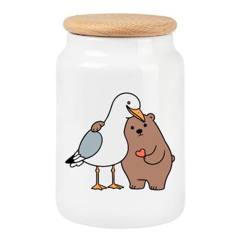 North Sea Seagull Brown Bear Friendship Love Lean - Cookie Jar with Wooden Lid - white - Front